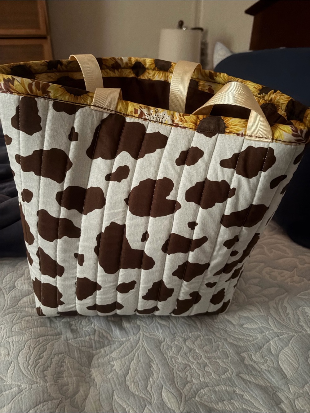 Quilted Cow-Print Tote Bag in Brown and Cream